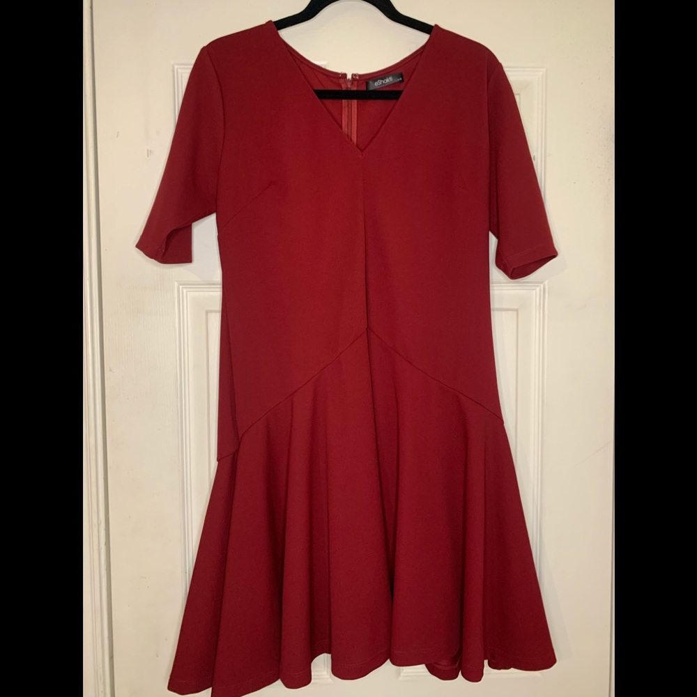 eShakti Maroon Drop Waist Dress with Flounce Hem